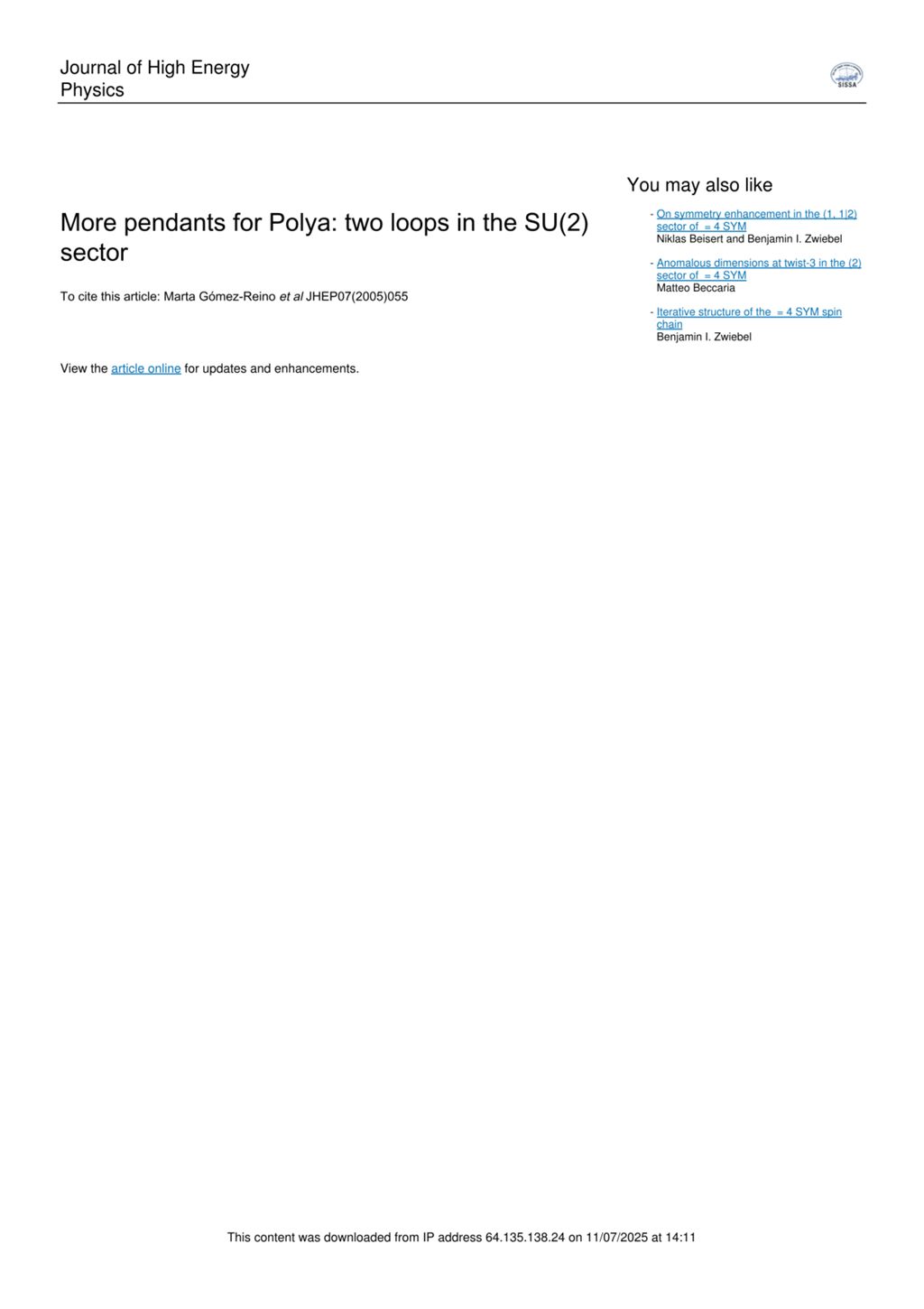Miniature of More pendants for Polya: Two loops in the SU(2) sector