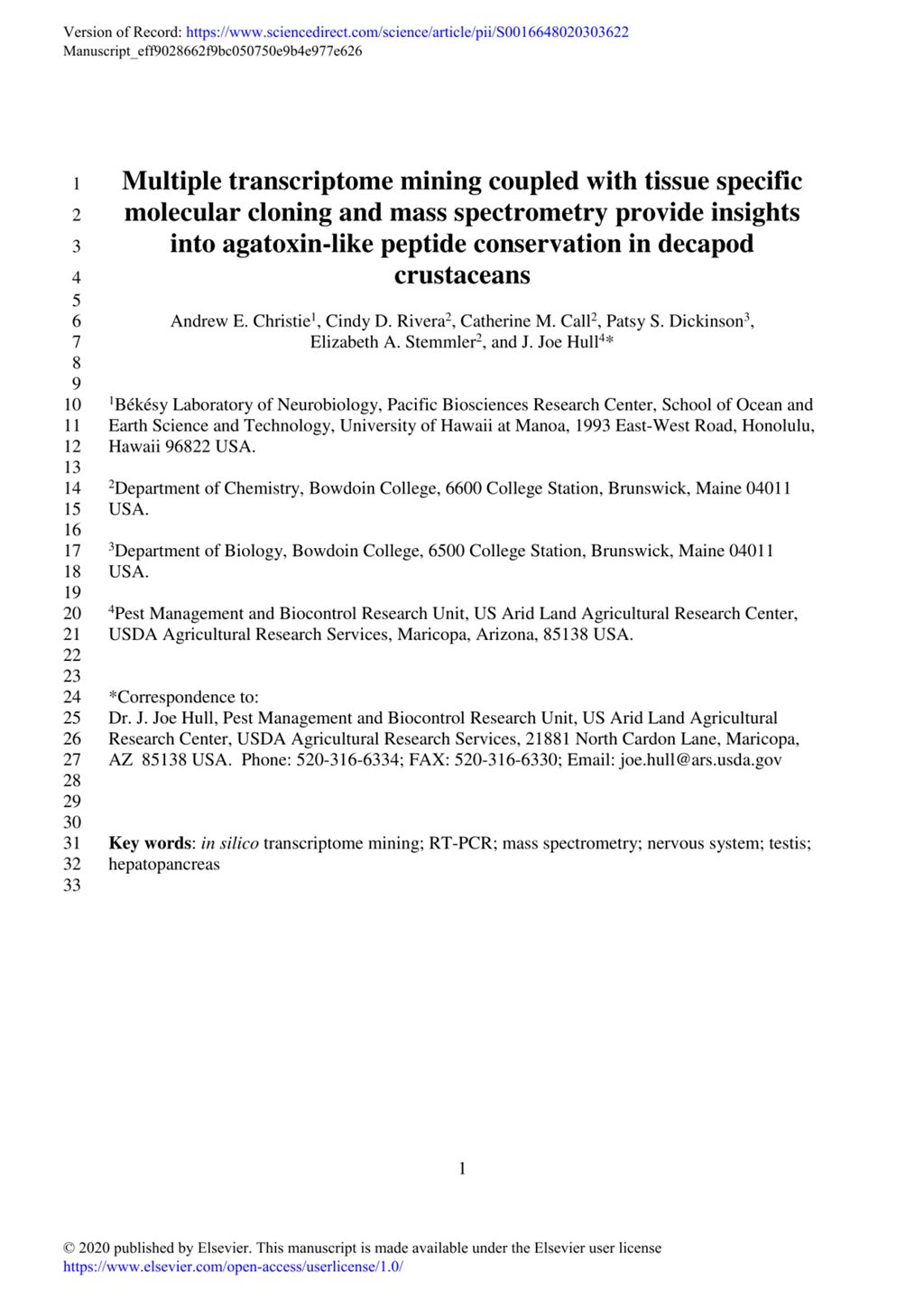 Miniature of Multiple transcriptome mining coupled with tissue specific molecular cloning and mass spectrometry provide insights into agatoxin-like peptide conservation in decapod crustaceans