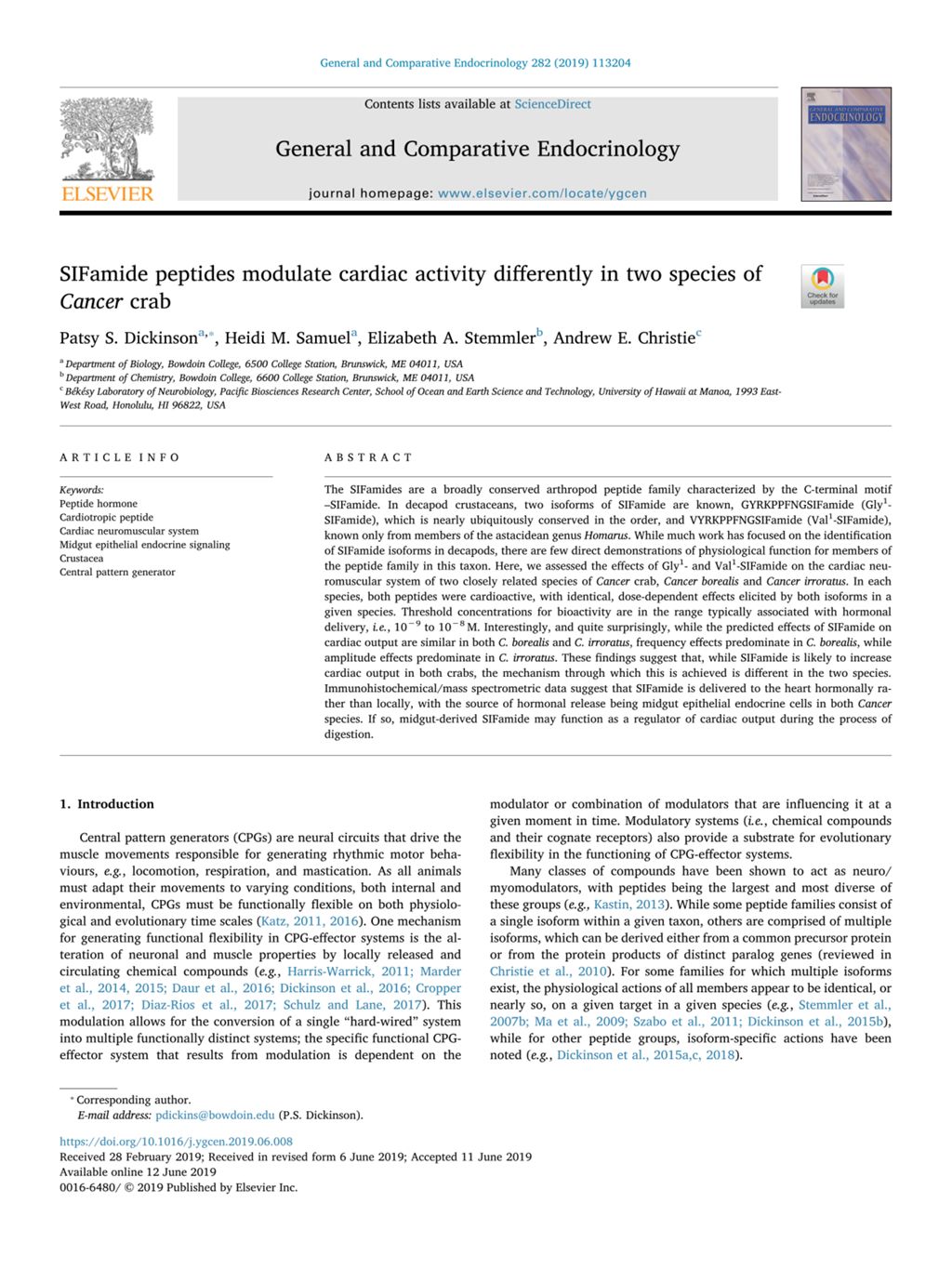 Miniature of SIFamide peptides modulate cardiac activity differently in two species of Cancer crab