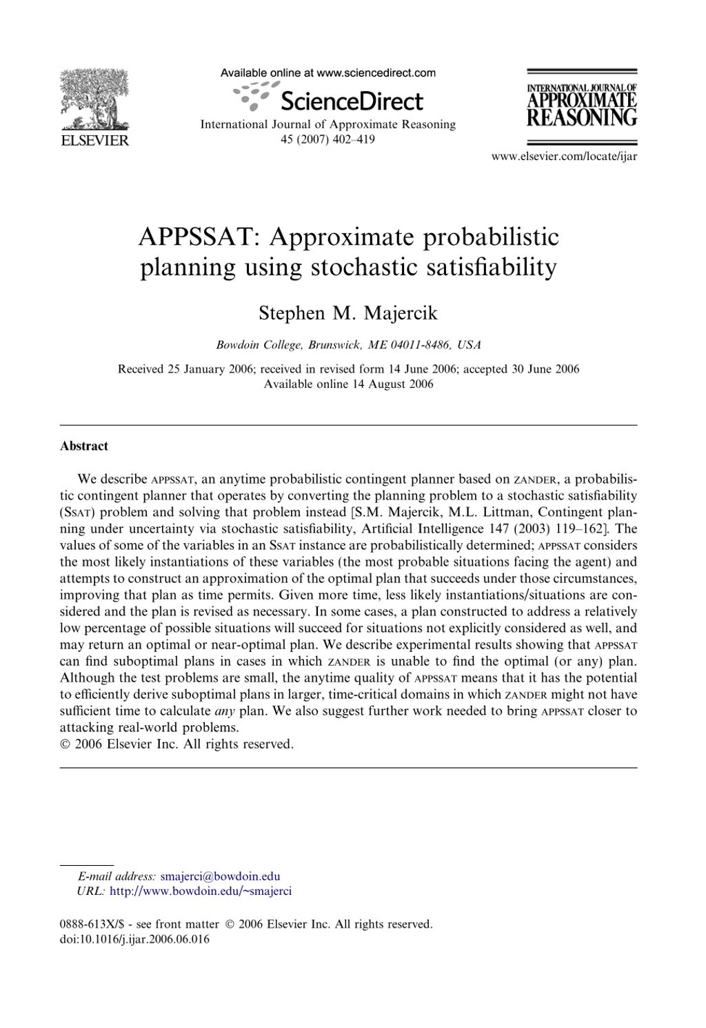 Miniature of APPSSAT: Approximate probabilistic planning using stochastic satisfiability