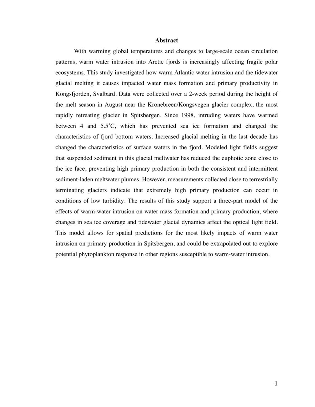 Miniature of Characterizing the influence of Atlantic water intrusion on water mass formation and primary production in Kongsfjorden, Svalbard