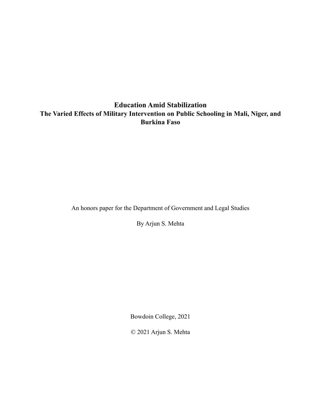 Miniature of Education Amid Stabilization: The Varied Effects of Military Intervention on Public Schooling in Mali, Niger, and Burkina Faso