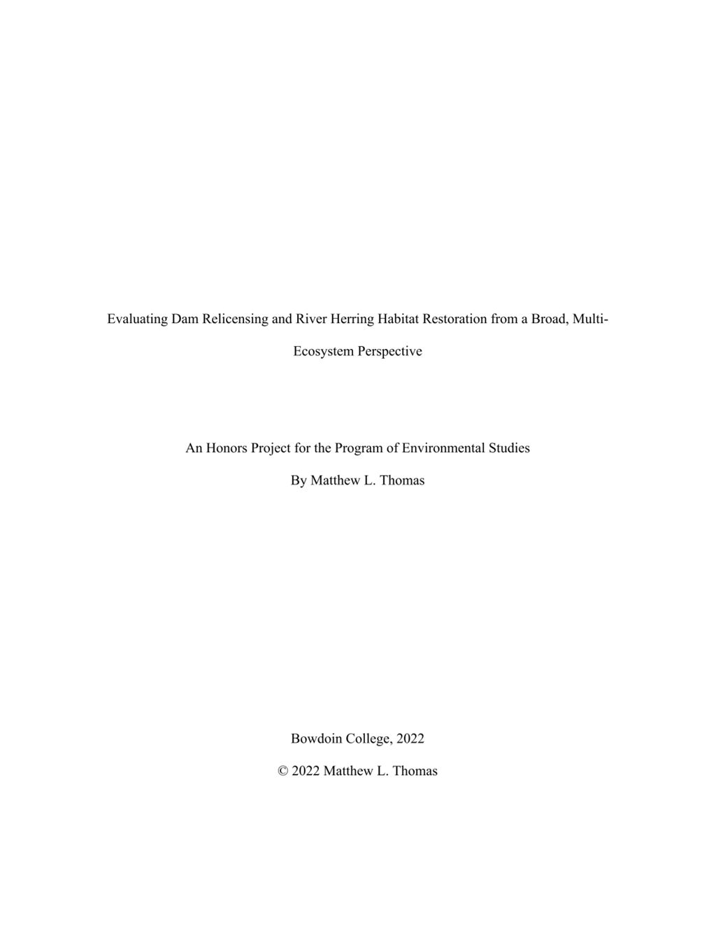 Miniature of Evaluating Dam Relicensing and River Herring Habitat Restoration from a Broad, Multi-Ecosystem Perspective