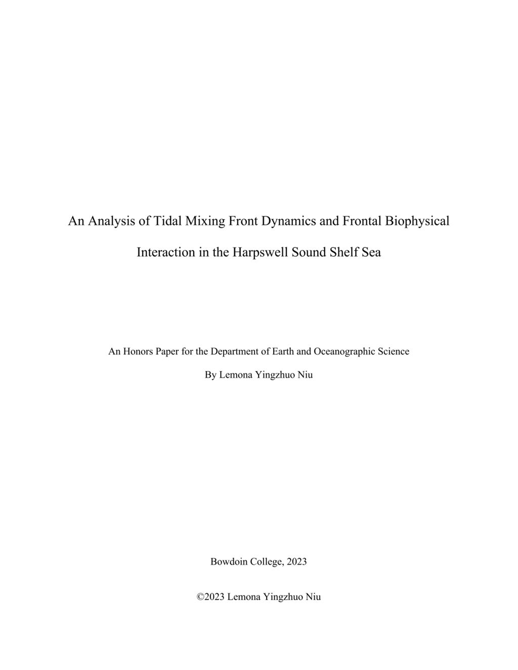 Miniature of An Analysis of Tidal Mixing Front Dynamics and Frontal Biophysical Interaction in the Harpswell Sound Shelf Sea