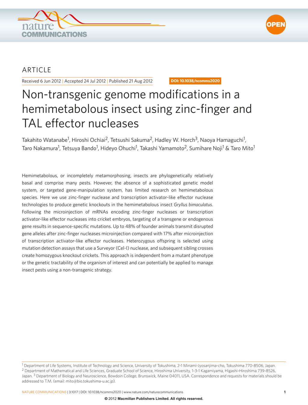 Miniature of Non-transgenic genome modifications in a hemimetabolous insect using zinc-finger and TAL effector nucleases